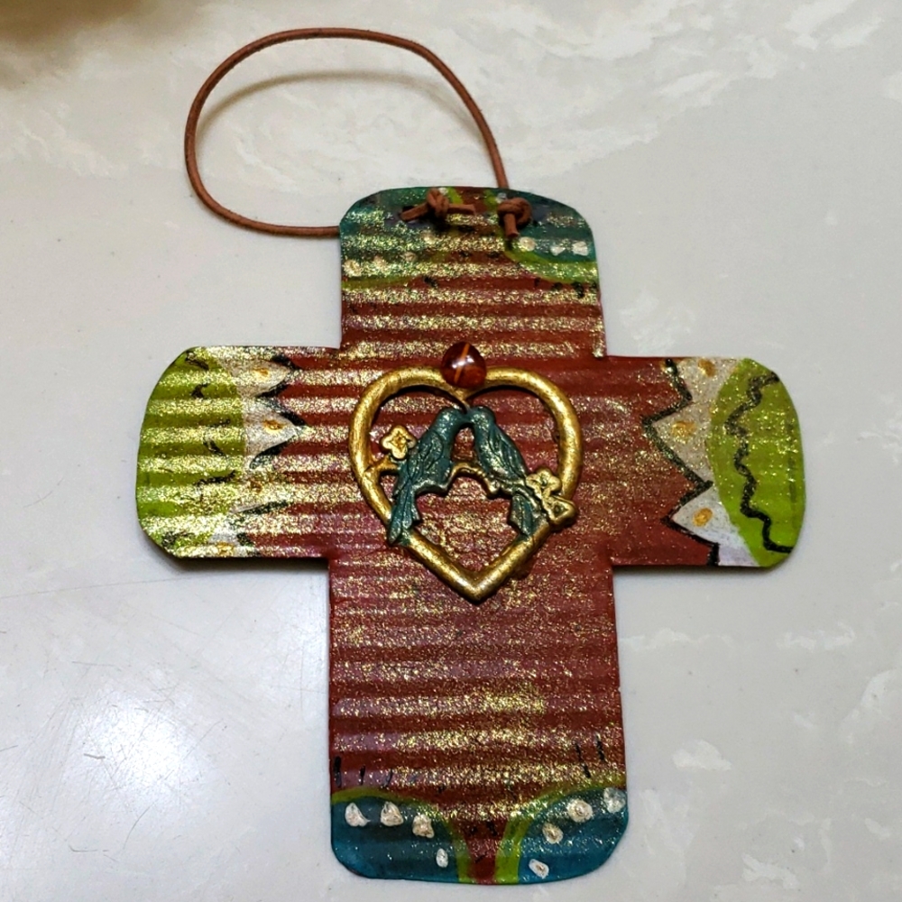 Decorative Cross, Love Birds, Bronze, Blue and Green Cross Home Decor